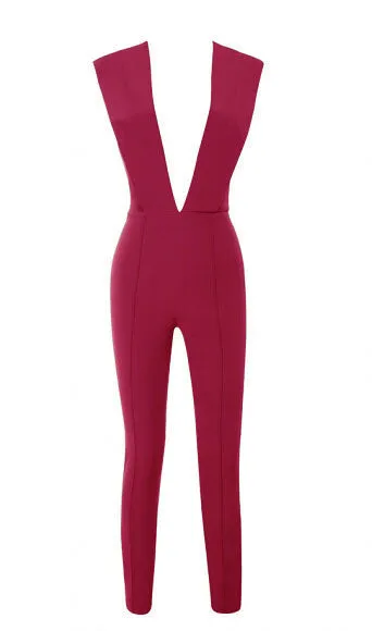 Gray Deep v Fitted Bodycon Jumpsuit Nightclub Women