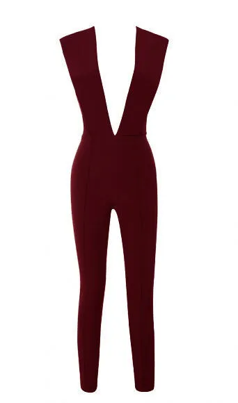 Gray Deep v Fitted Bodycon Jumpsuit Nightclub Women
