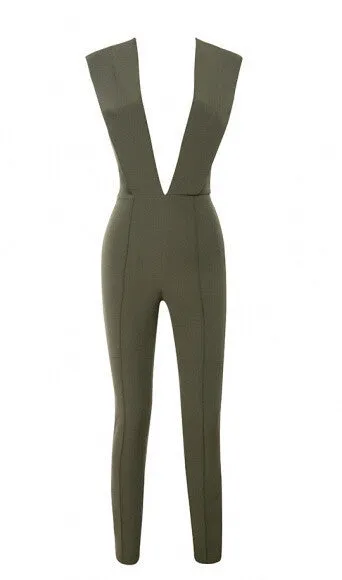 Gray Deep v Fitted Bodycon Jumpsuit Nightclub Women