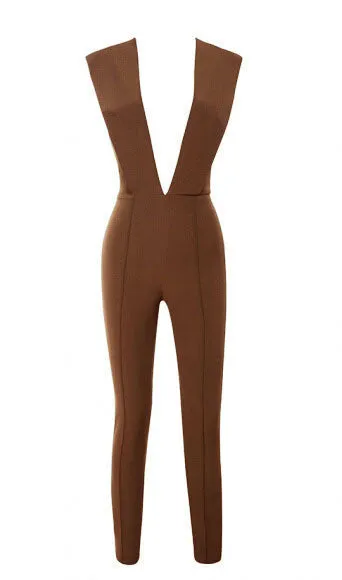 Gray Deep v Fitted Bodycon Jumpsuit Nightclub Women