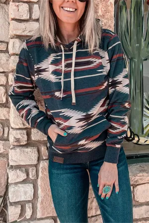 Gray Printed Western Fashion Aztec Print Pullover Hoodie