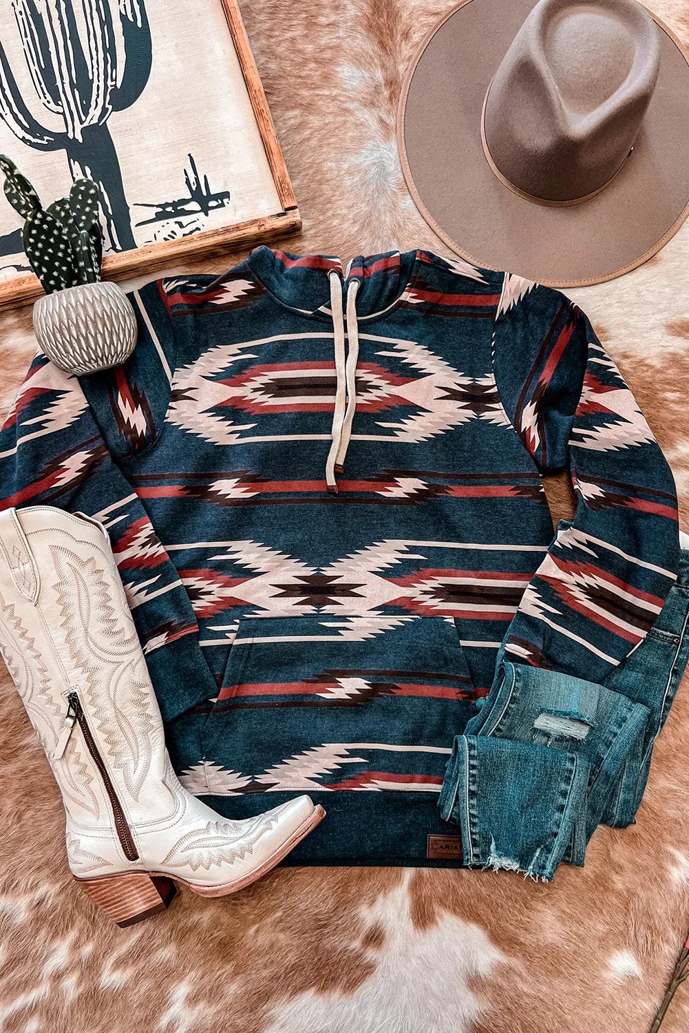 Gray Printed Western Fashion Aztec Print Pullover Hoodie