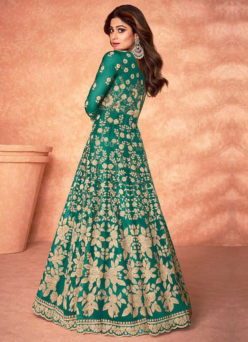 Green Floral Embroidered Stylish Kalidar Anarkali