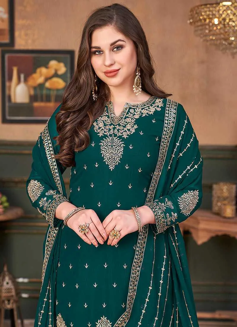Green Heavy Embroidered Stylish Palazzo Suit