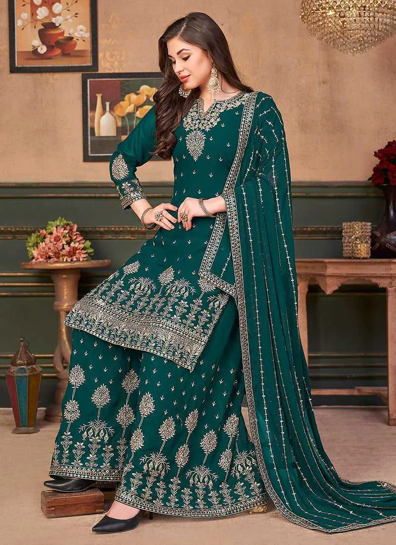 Green Heavy Embroidered Stylish Palazzo Suit