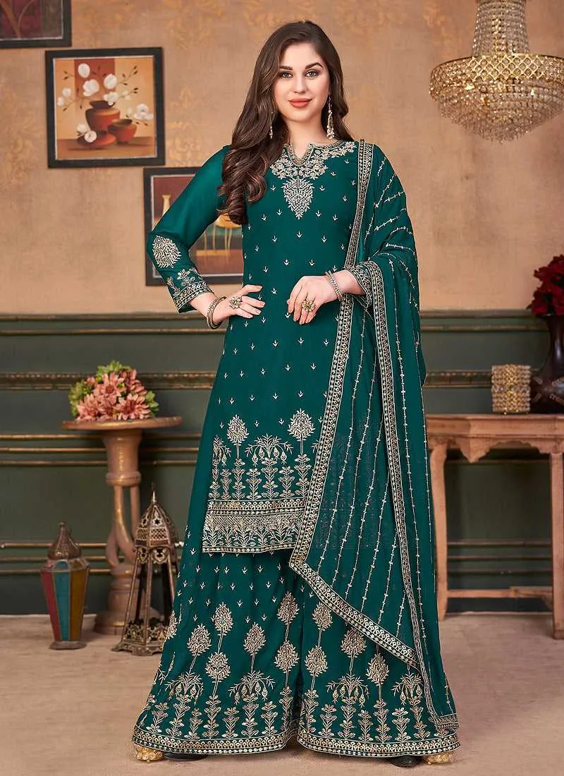 Green Heavy Embroidered Stylish Palazzo Suit