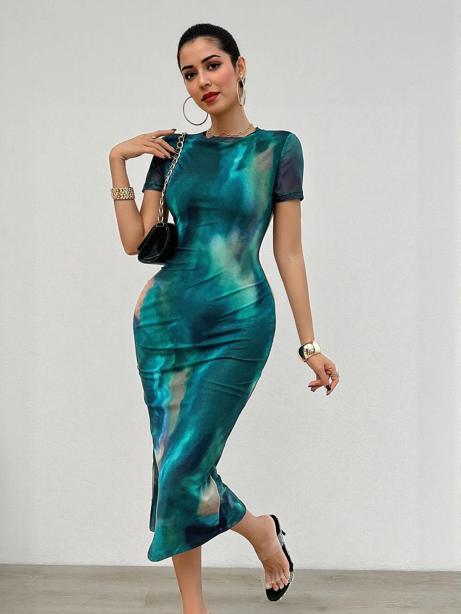 Green Power Mesh Midi Dress