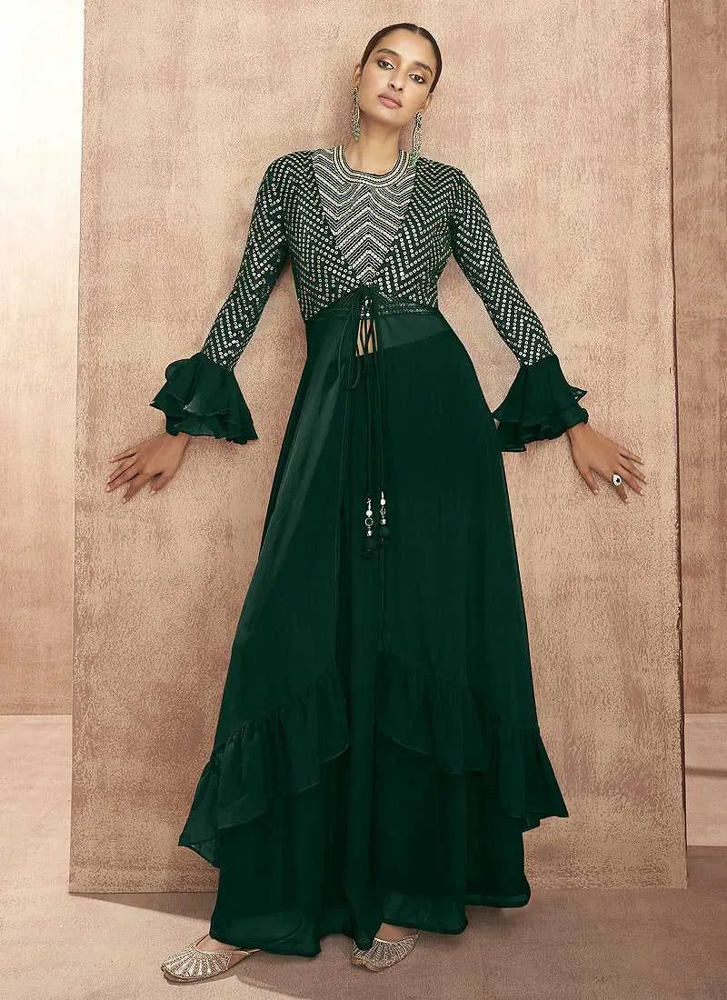 Green Sequin Embroidered Stylish Jacket Style Lehenga