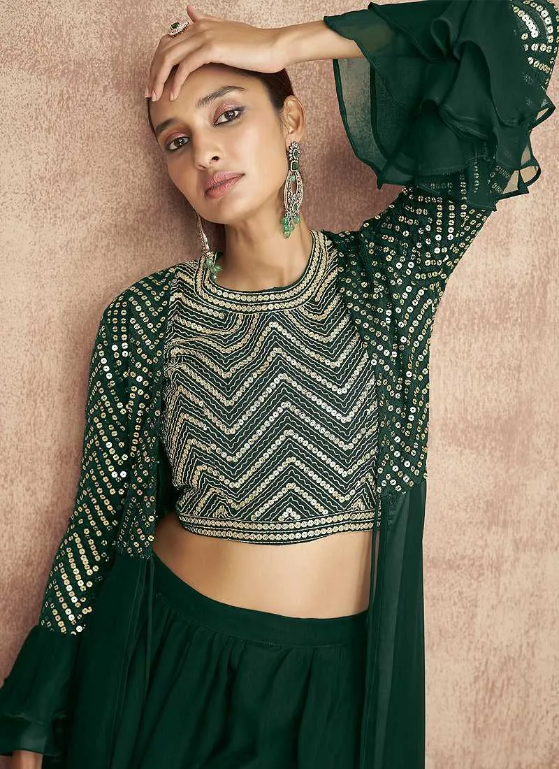 Green Sequin Embroidered Stylish Jacket Style Lehenga