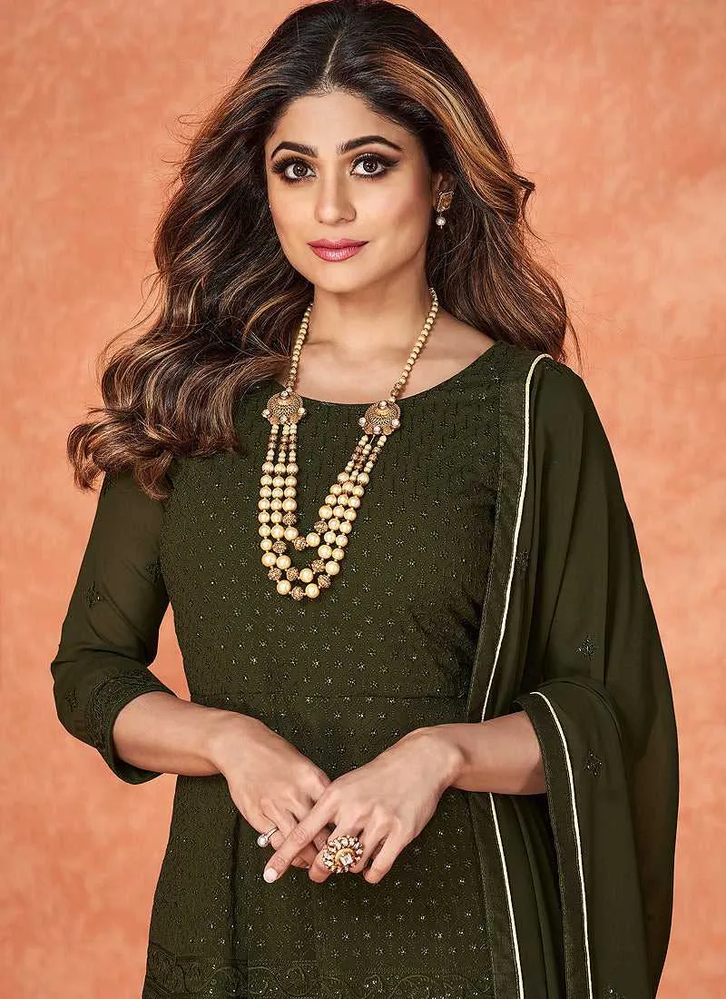 Green Stylish Embroidered Gharara Suit