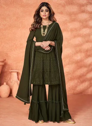 Green Stylish Embroidered Gharara Suit