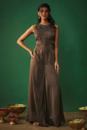 Grey Embroidered Flare Jumpsuit