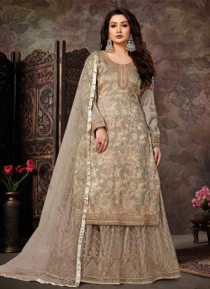 Grey Gold Embroidered Stylish Palazzo Style Suit