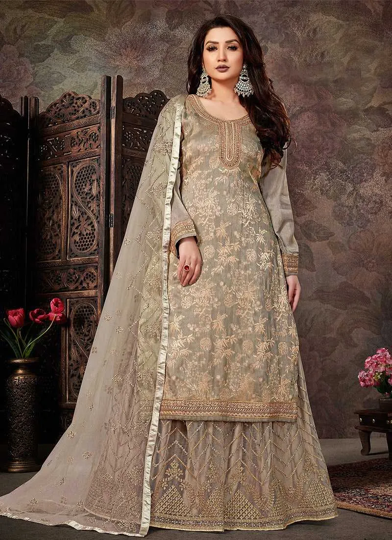 Grey Gold Embroidered Stylish Palazzo Style Suit