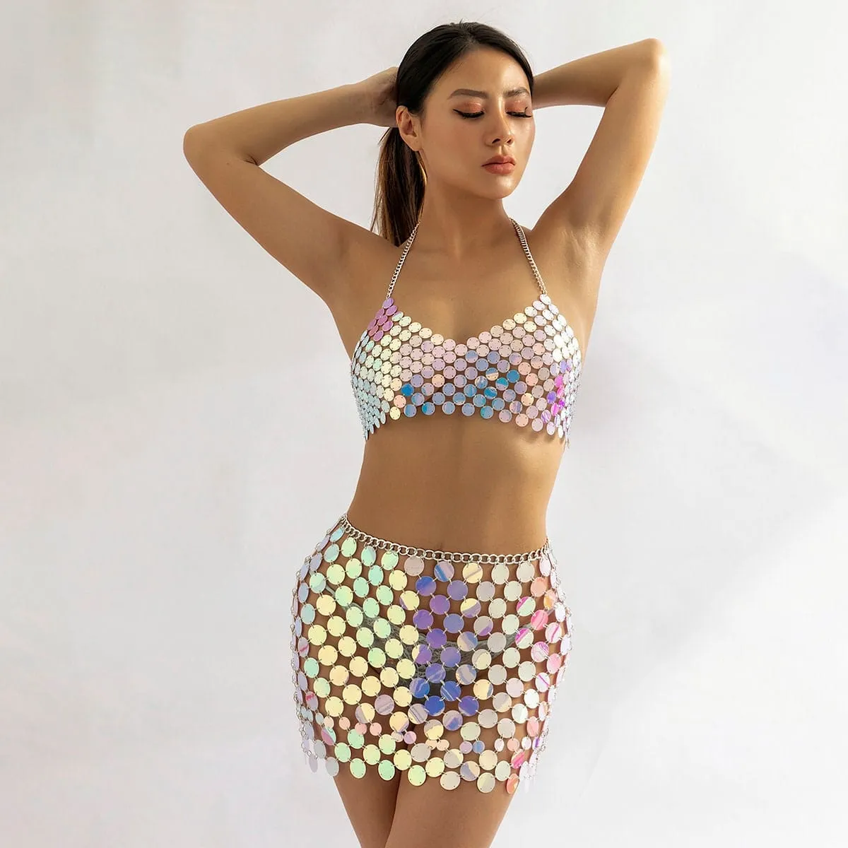 Handmade Colorful Squamous Sequin Disco Skirt Bra Set