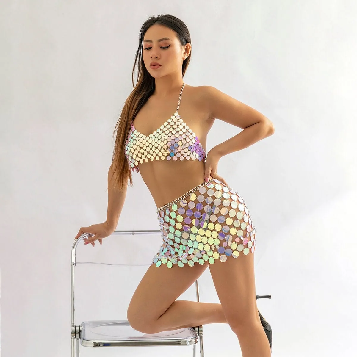 Handmade Colorful Squamous Sequin Disco Skirt Bra Set