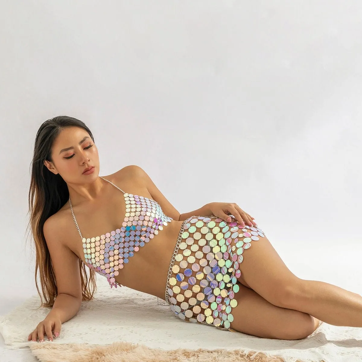Handmade Colorful Squamous Sequin Disco Skirt Bra Set
