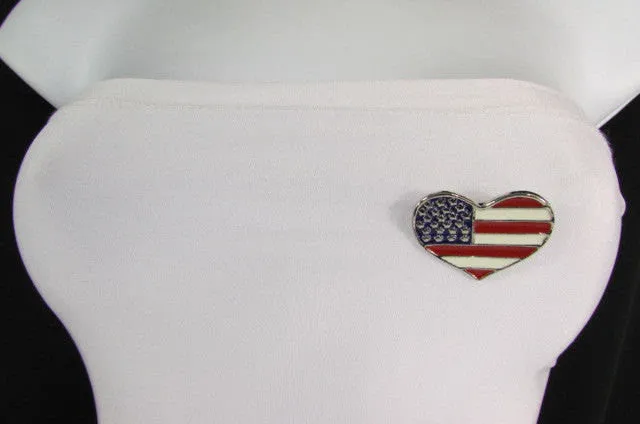 Heart Shaped American USA Flag Lapel Pin & Earrings