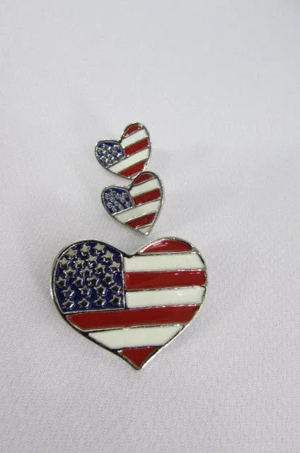 Heart Shaped American USA Flag Lapel Pin & Earrings