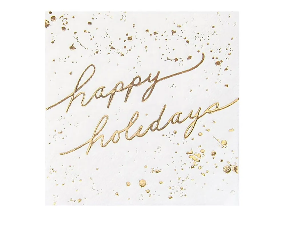 Holiday : White and Gold Happy Holidays Cocktail Paper Napkins