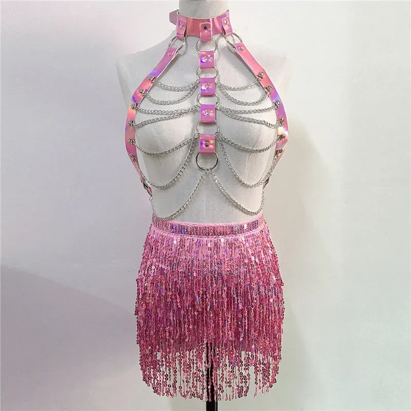 Holographic PU Harness Top & Sequins Fringe Skirt Set