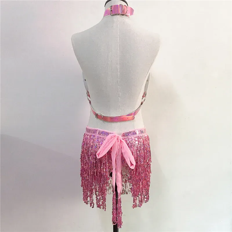 Holographic PU Harness Top & Sequins Fringe Skirt Set