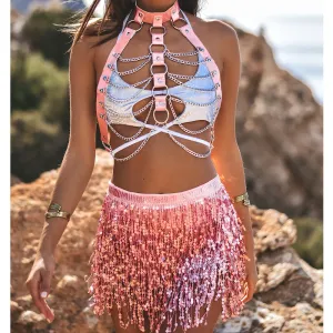 Holographic PU Harness Top & Sequins Fringe Skirt Set