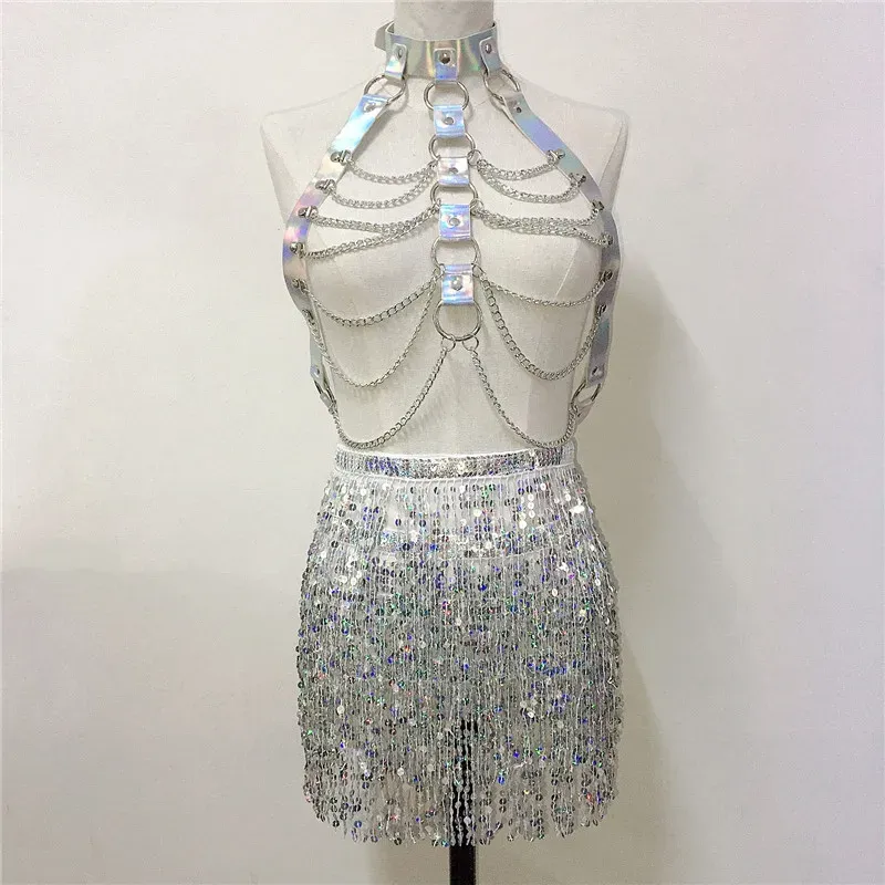 Holographic PU Harness Top & Sequins Fringe Skirt Set