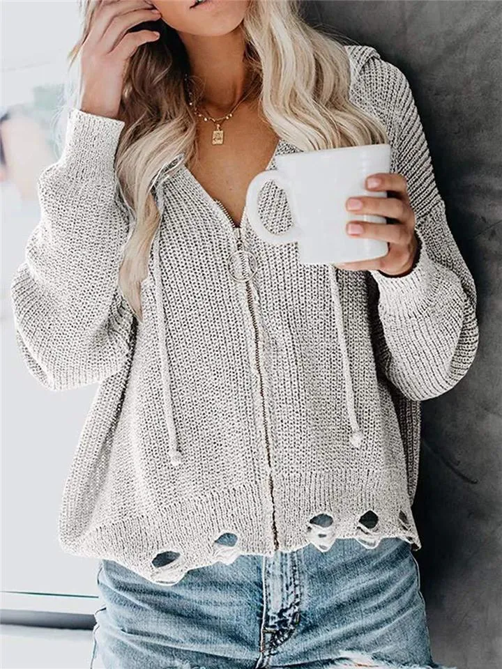 Hooded Zipper Irregular Loose Sweater
