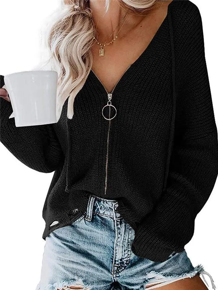 Hooded Zipper Irregular Loose Sweater