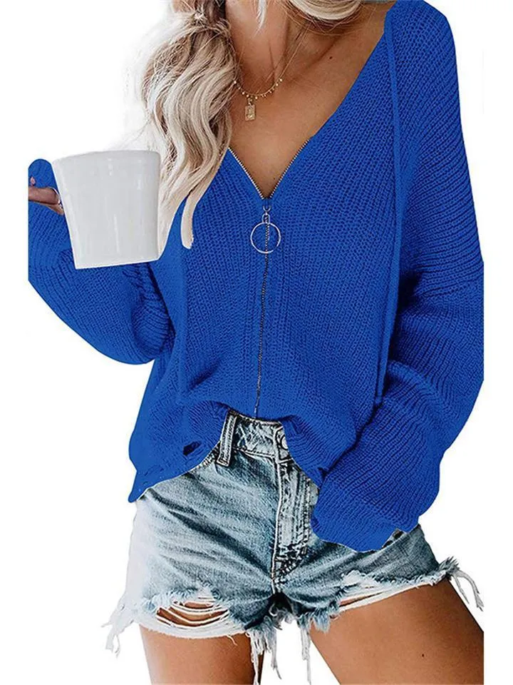 Hooded Zipper Irregular Loose Sweater