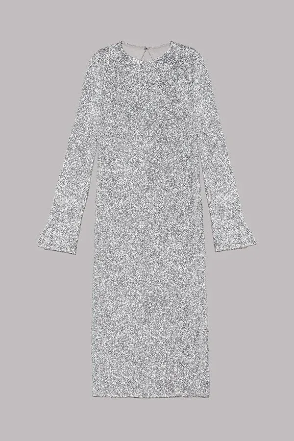 Ignite Sparkly Nights Sequin Extra Long Sleeve Open Back Loose Midi Dress