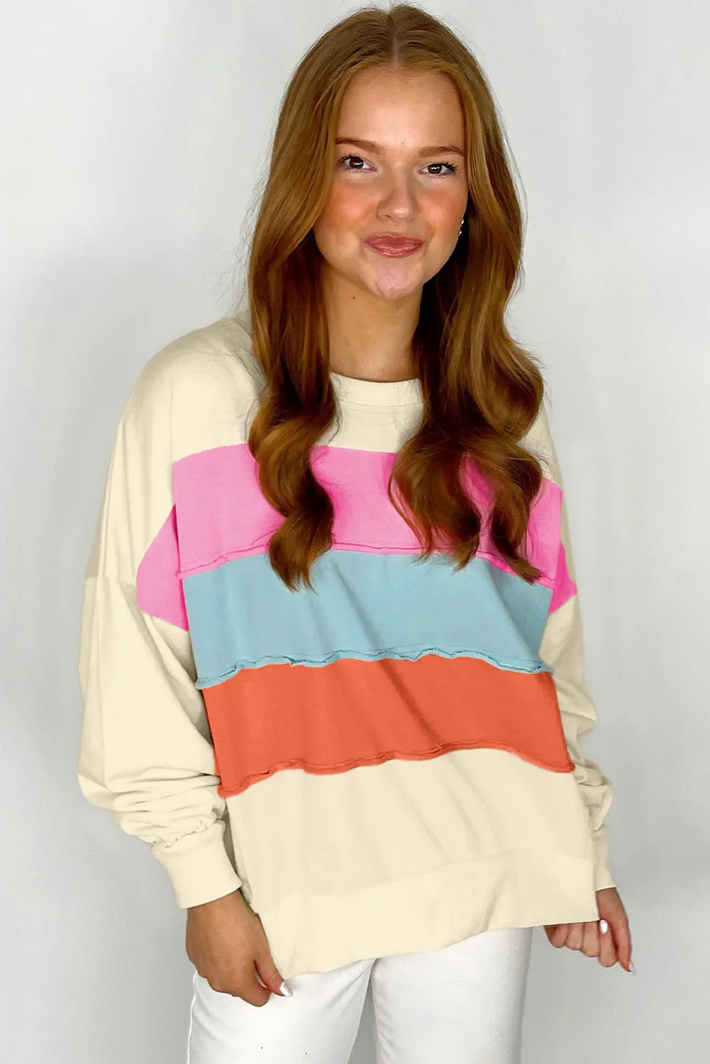 KaleaBoutique Colorblock Patchwork Crewneck Drop Shoulder Sweatshirt