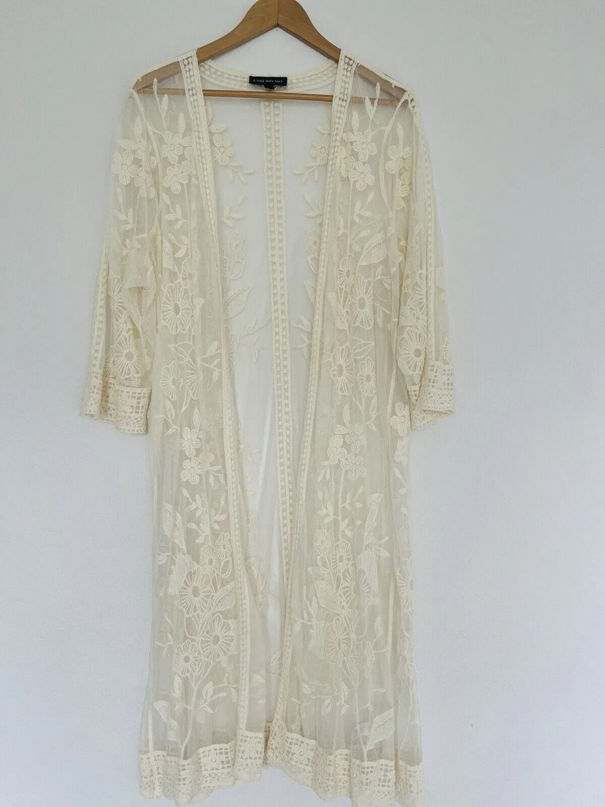 LANE BRYANT Cream Lace Overlay Kimono Cardigan Sz 14/16 Cover Up Boho Western