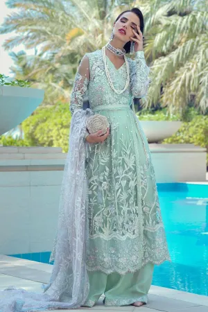 Latest designer net embroidered party outfit in mint green color # P2434