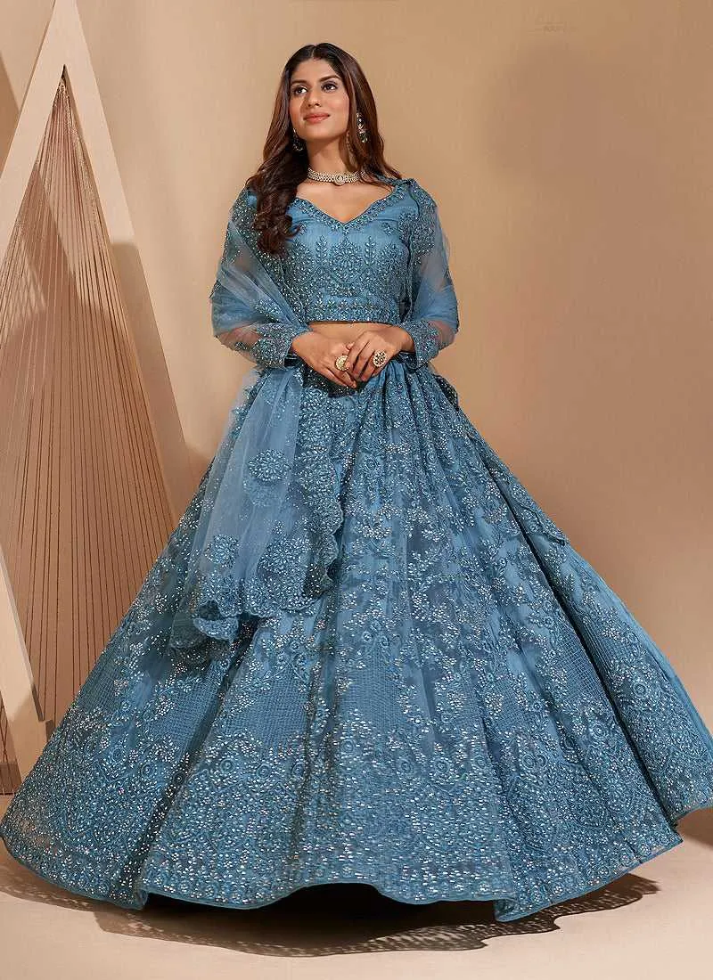 Light Blue Floral Embroidered Stylish Lehenga Choli