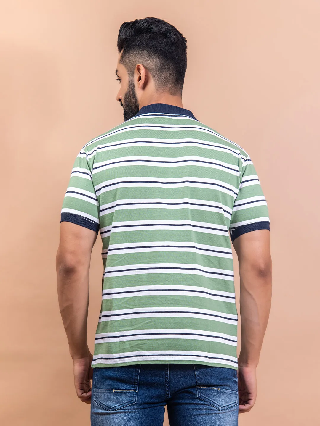 Light Green Color Strips Polo Neck Cotton T-Shirt For Men