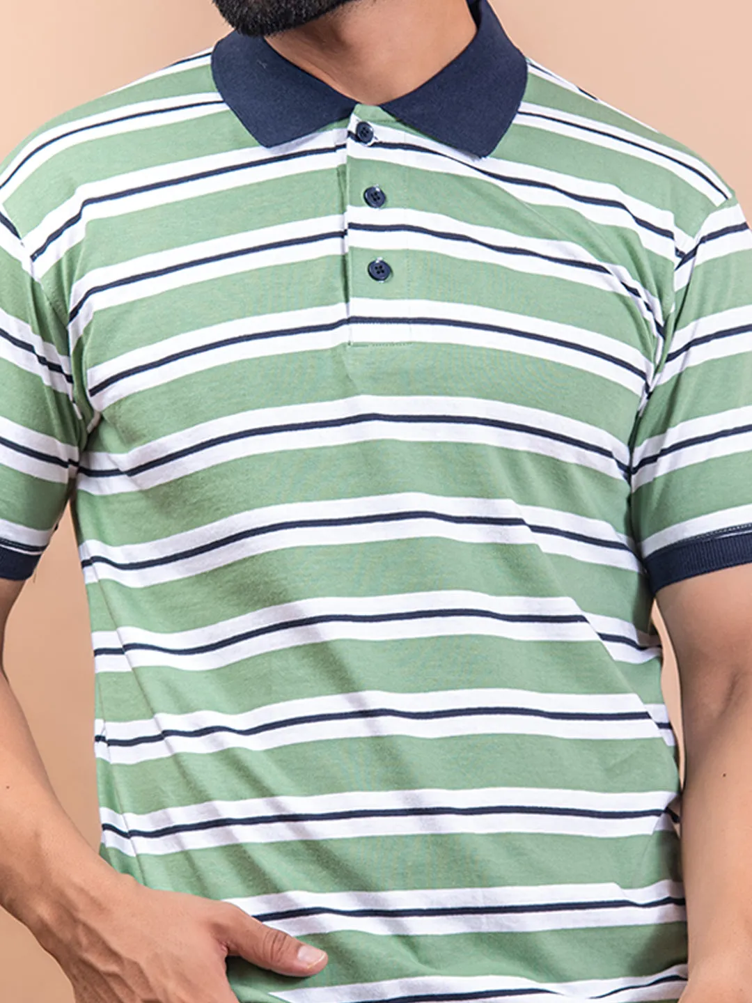 Light Green Color Strips Polo Neck Cotton T-Shirt For Men