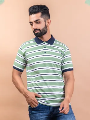 Light Green Color Strips Polo Neck Cotton T-Shirt For Men