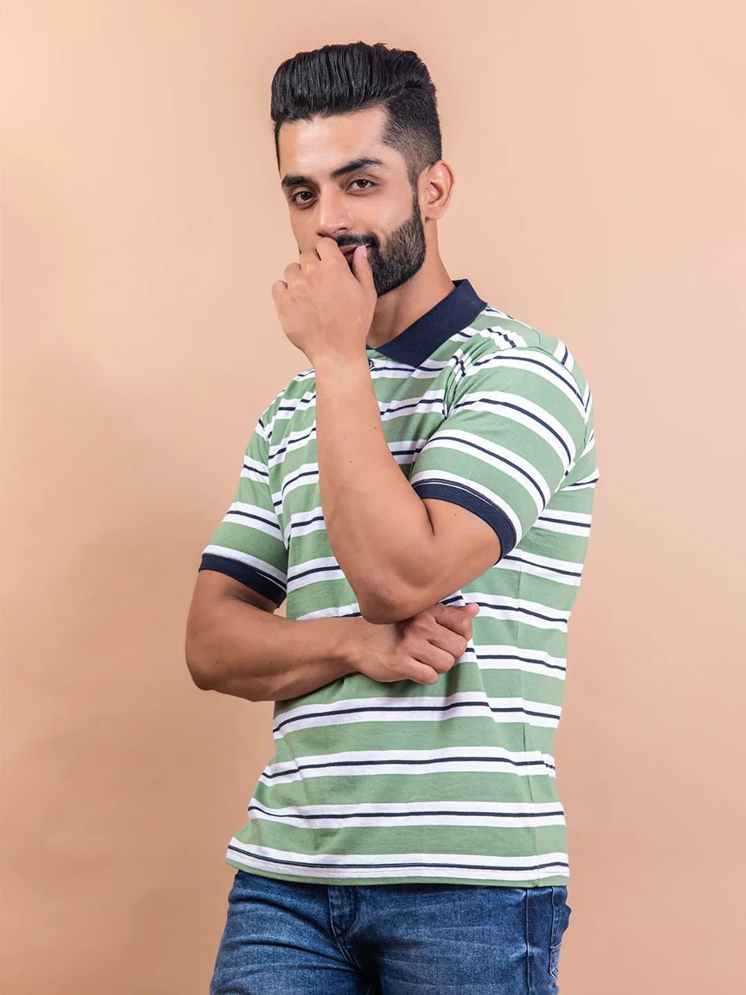 Light Green Color Strips Polo Neck Cotton T-Shirt For Men