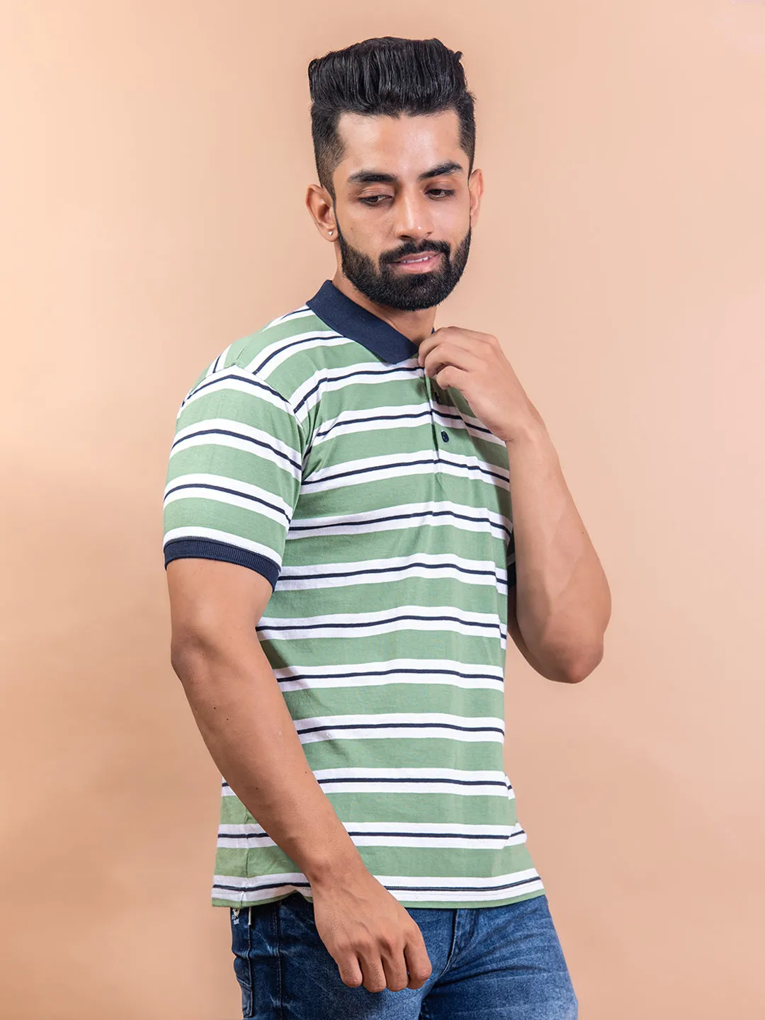 Light Green Color Strips Polo Neck Cotton T-Shirt For Men