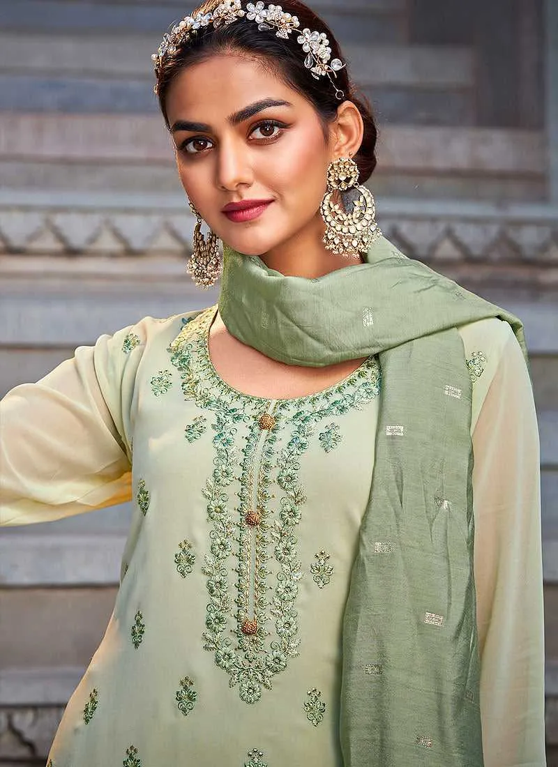 Light Green Stylish Embroidered Palazzo Style Suit