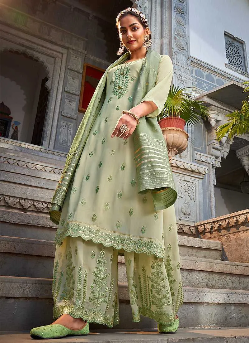 Light Green Stylish Embroidered Palazzo Style Suit
