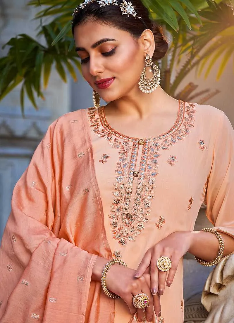 Light Peach Stylish Embroidered Palazzo Style Suit