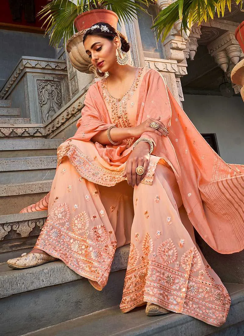 Light Peach Stylish Embroidered Palazzo Style Suit