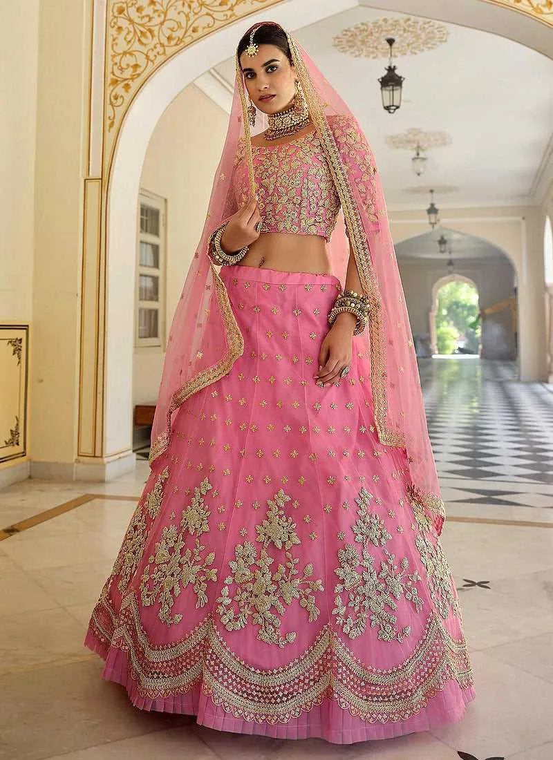 Light Pink Floral Embroidered Stylish Wedding Lehenga