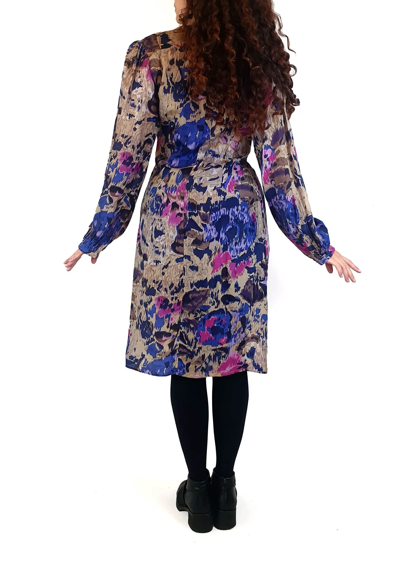 Lola Australia purple-based silk mix long sleeve dress size 10