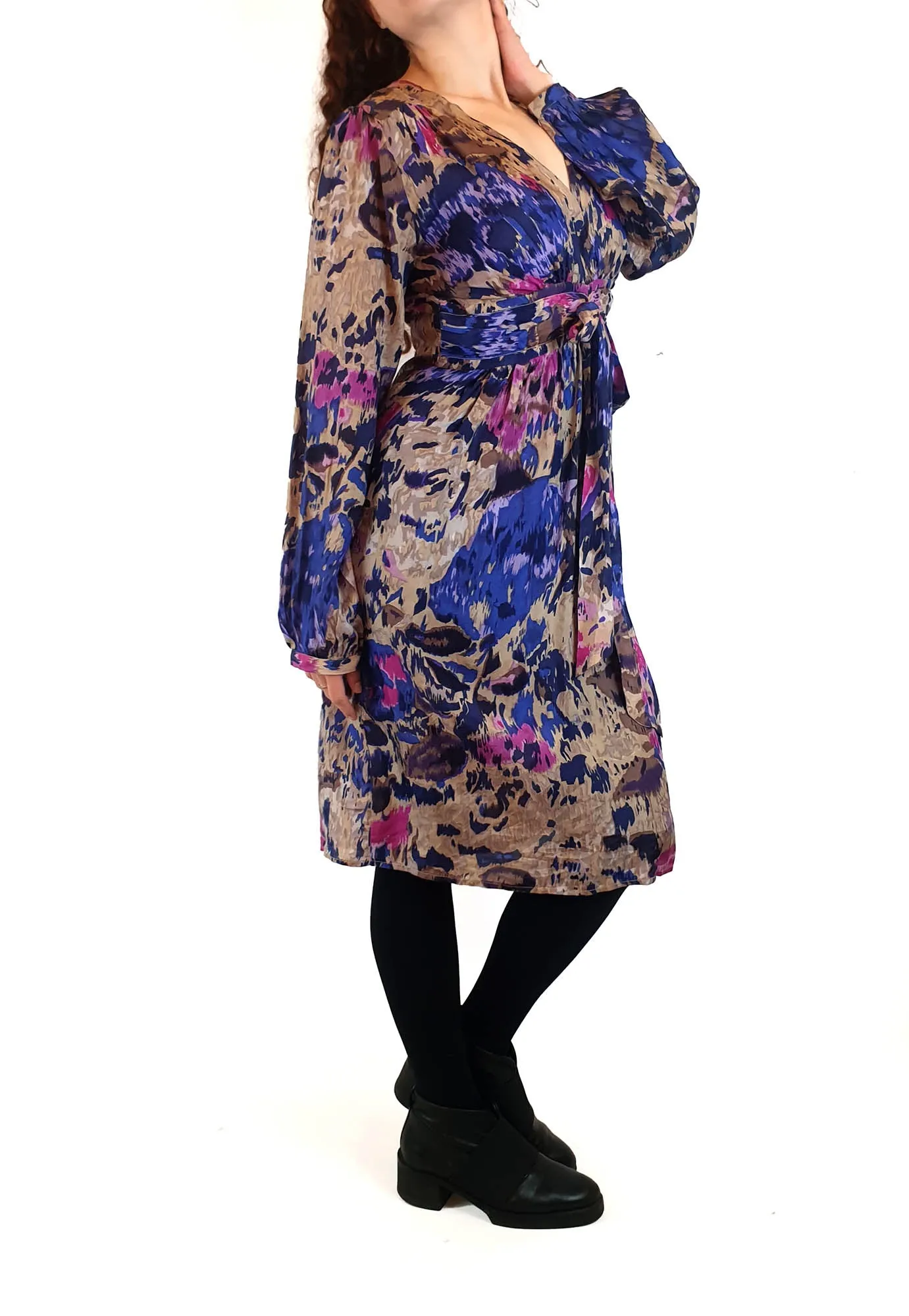Lola Australia purple-based silk mix long sleeve dress size 10