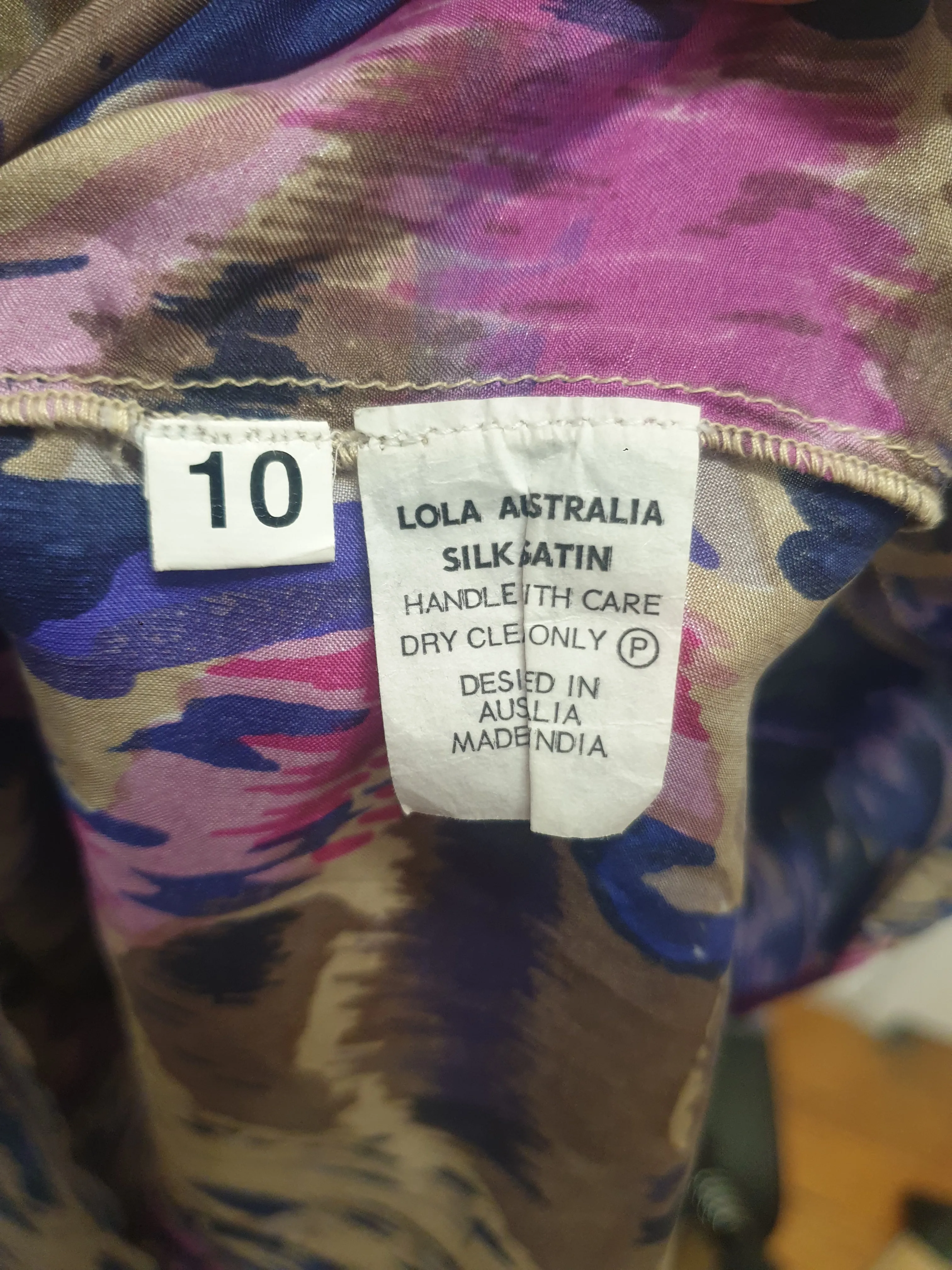 Lola Australia purple-based silk mix long sleeve dress size 10