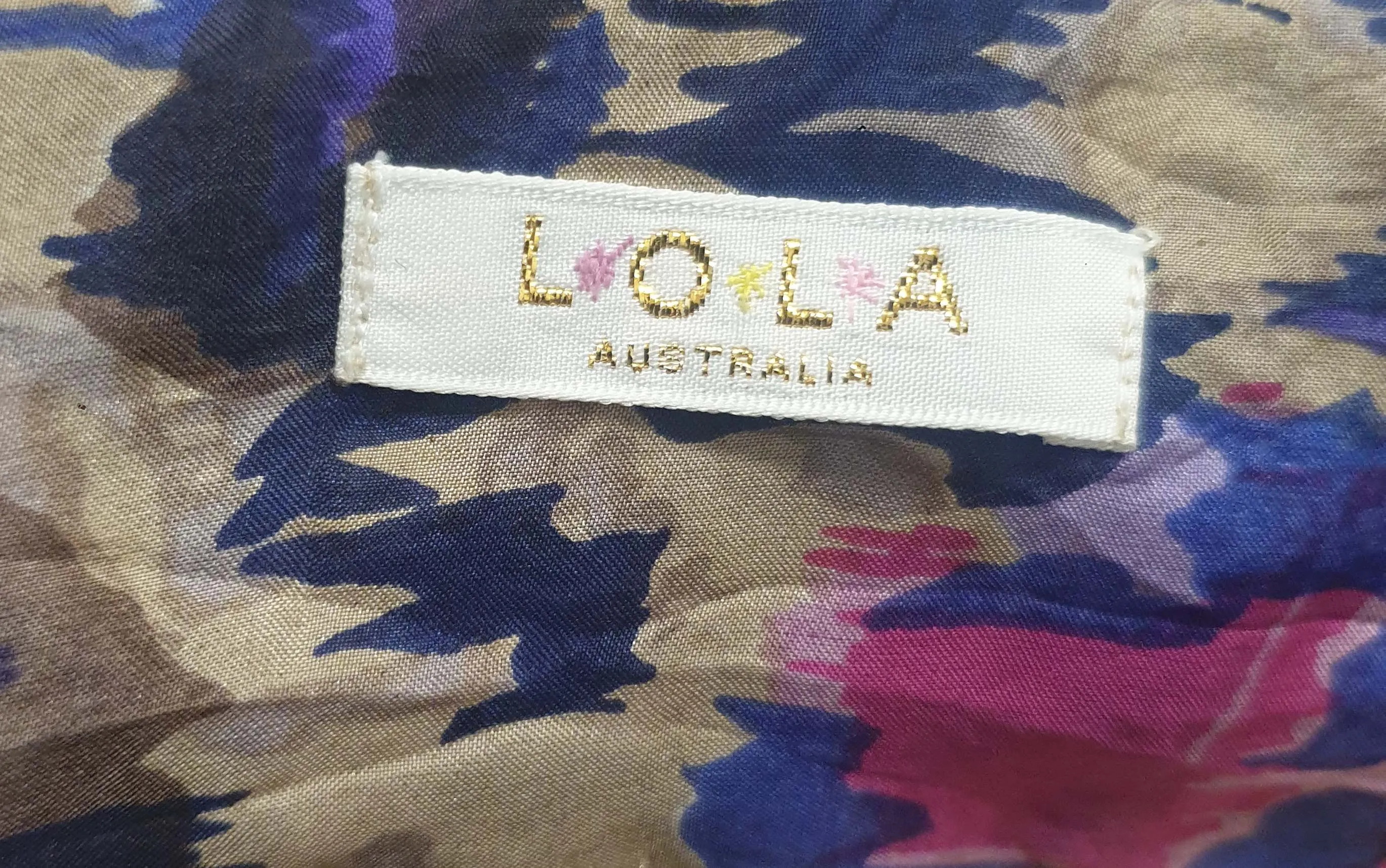 Lola Australia purple-based silk mix long sleeve dress size 10